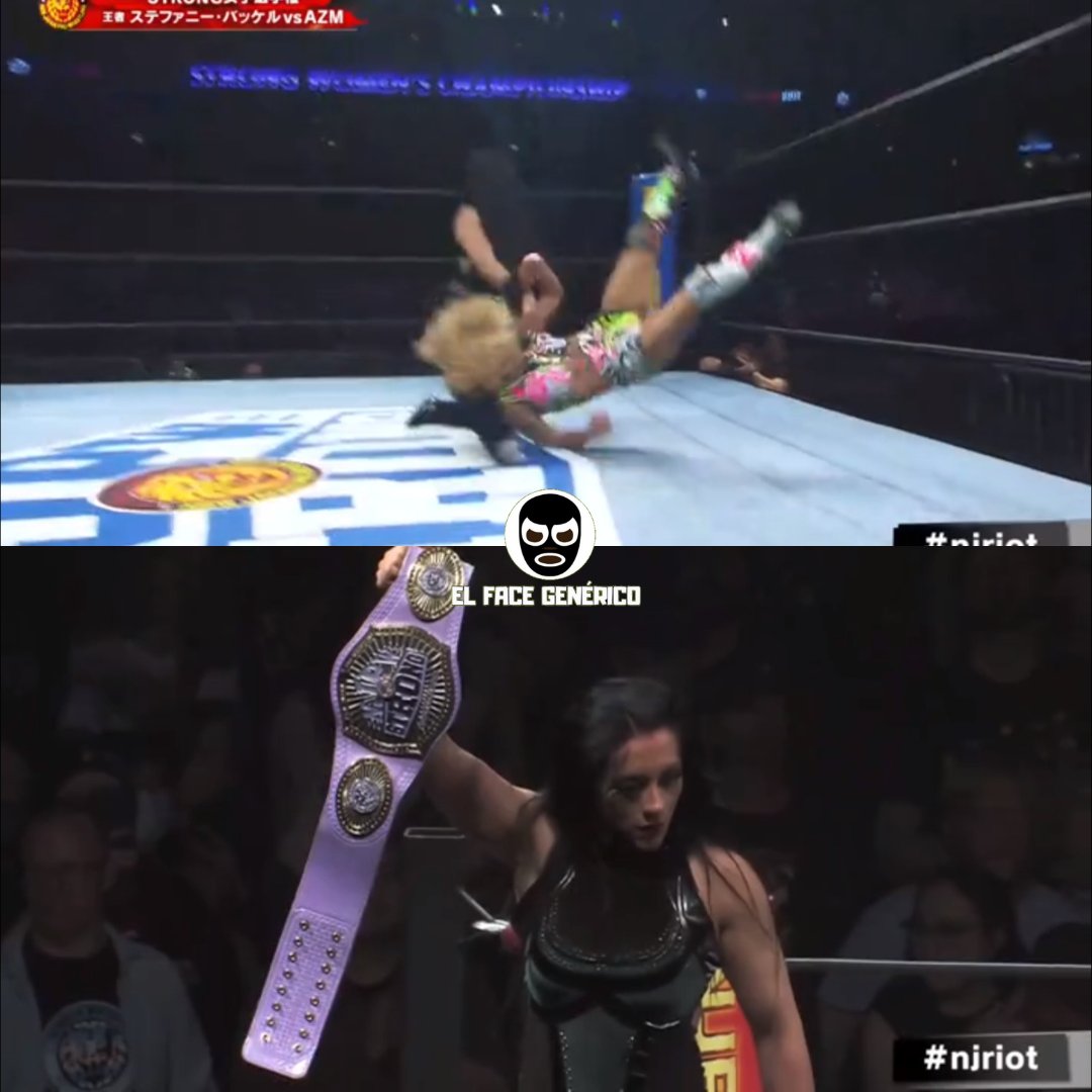FaceGenerico's tweet photo. "Backbreaker" sobre la humanidad de AZM y de esta manera Stephanie Vaquer retiene el Campeonato Femenino de STRONG en #njriot. #njpw #CMLL #STARDOM #FaceGenerico https://t.co/My4xUt108J
