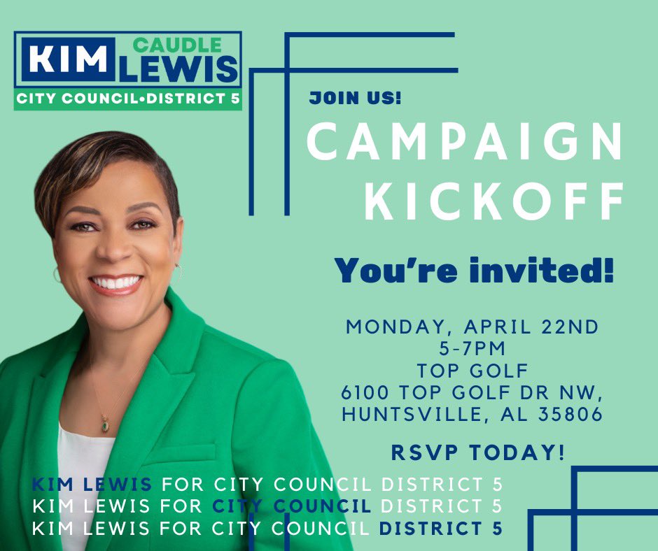 We’re throwing a campaign kickoff party, and YOU’RE INVITED! 

Join me on April 22 from 5-7pm at Top Golf for the official Kim Lewis for City Council campaign kickoff party!
RSVP today using the link below: 

forms.gle/a9U1MZ8x6Kmg14…

#VoteKimLewis #WorkingForYou #KimCaudleLewis