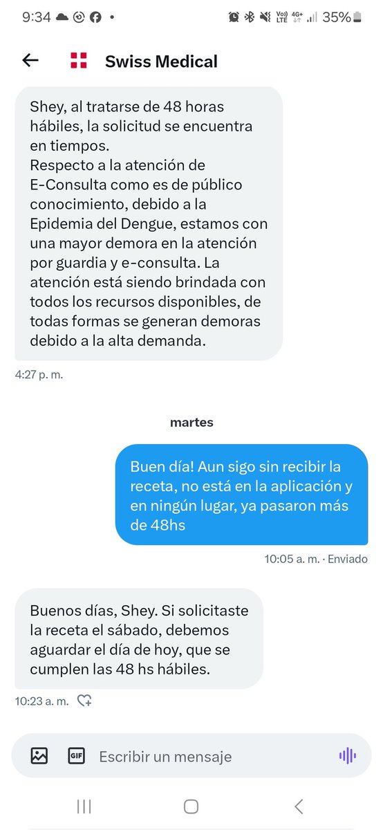 Shey824's tweet photo. @SwissMedicalG  esto me respo de  de Swiss medical, es viernes y sigo sin recibir la receta, mientras teniendo prepaga no puedo ni siquiera tener mis anticonceptivos. No imagino si fuese un medicamento de urgencia. E consulta no funciona, la app tampoco, llamo y no hay operadores https://t.co/qAAntF1fPq