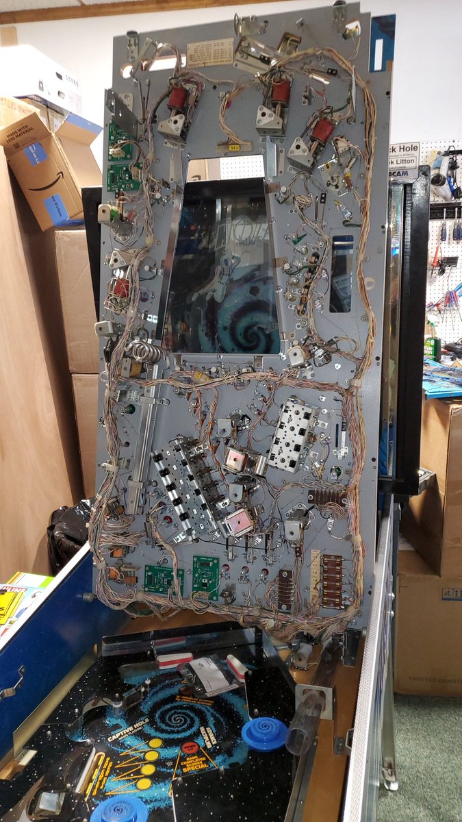 Arcade_Museum's tweet photo. Many thanks to our board member, Sarah St. John (https://t.co/fFhpmUx7oy) for the amazing work she did on this massive play field swap of our Black Hole pin! It's coming along and will make its debut to the museum floor soon. Stay tuned! 
#nonprofit #arcade #museum #pinball https://t.co/a81aaoTSP9