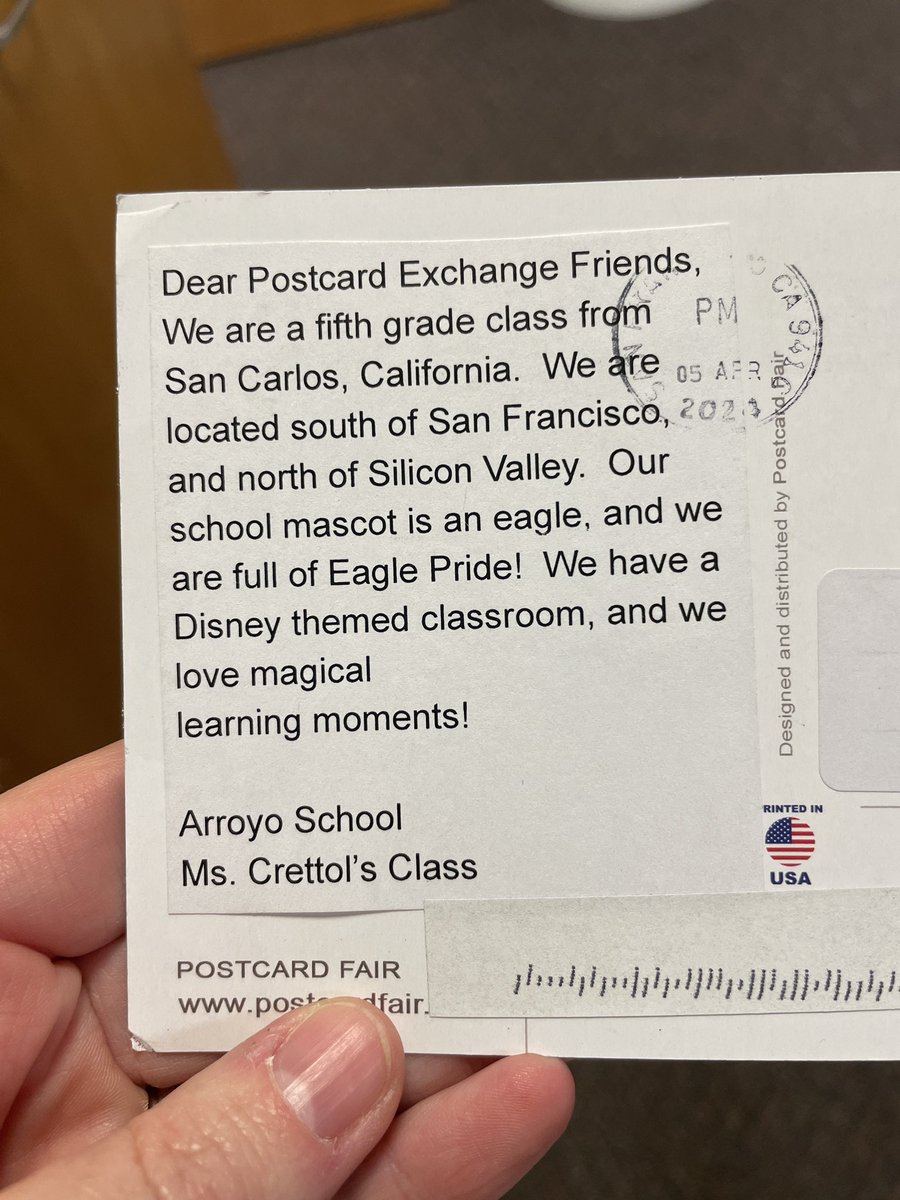 Thank you Ms Crettol and class! Your postcard arrived earlier this week. I’m especially intrigued by the Disney themed classroom! I’m a big Disney fan. #gpe23_24