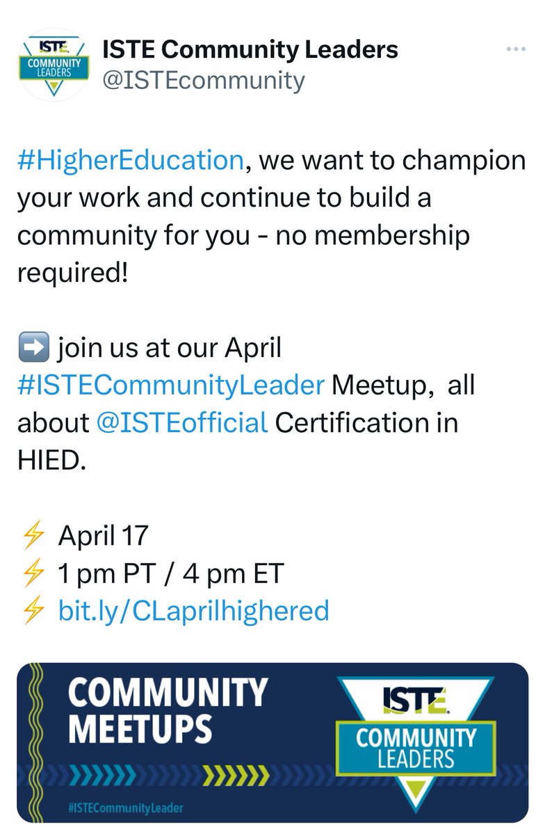 If you are in #HigherEd and are interested in #ISTE certification, join me next week! I’ll be sharing my experience with this influential credential. bit.ly/CLaprilhighered