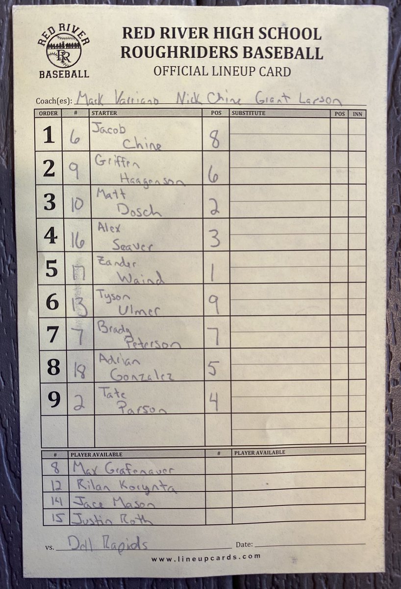 Lineup for our 7:15pm game vs Dell Rapids