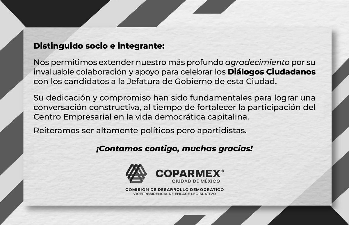 🔹 Estimados Socios, Reiteramos nuestro sincero agradecimiento por su invaluable colaboración y apoyo durante los Diálogos Ciudadanos con los candidatos a la Jefatura de Gobierno de la Ciudad de México. 🤝🏻 ¡Gracias por ser parte de esta importante iniciativa! #CoparmexCDMX