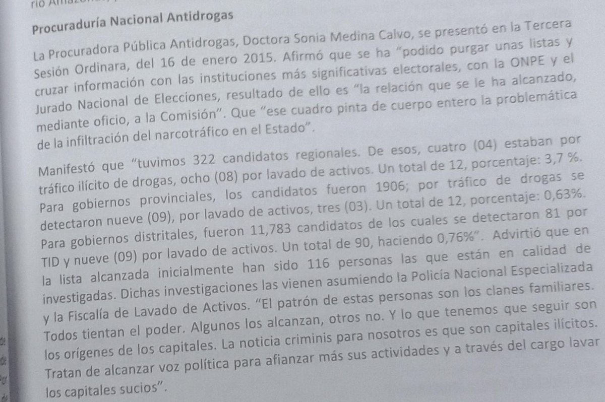 'Hay demasiado tráfico de influencias'. Con estas palabras Sonia Medina, exprocuradora antidrogas, se refirió - en 2015 - al archivamiento a pesquisa de Wilfredo Oscorima por narcotráfico antes de elecciones. Medina dijo esto en comisión que investigo narcopolitica. #OcurreAhora