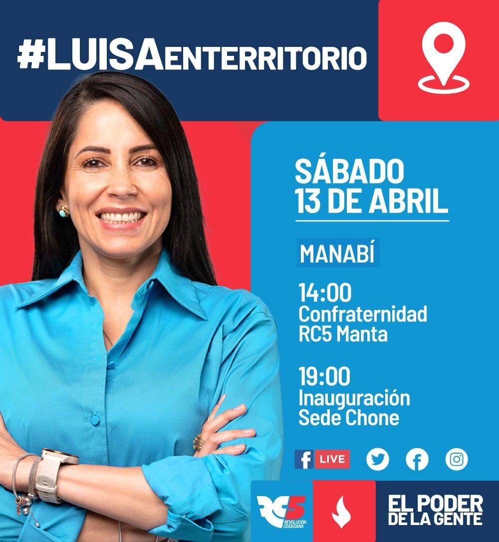 ¡Mañana a la tierra hermosa de nuestros sueños 🤩🫶🏻! Acompañemos a nuestra compañera Luisa González en su recorrido por la provincia de Manabí.

Somos la fuerza política más importante del pais. ¡Seguimos creciendo con su apoyo! 🇪🇨❤️

#LuisaEnTerritorio 
#ElPoderDeLaGente 
#RC5