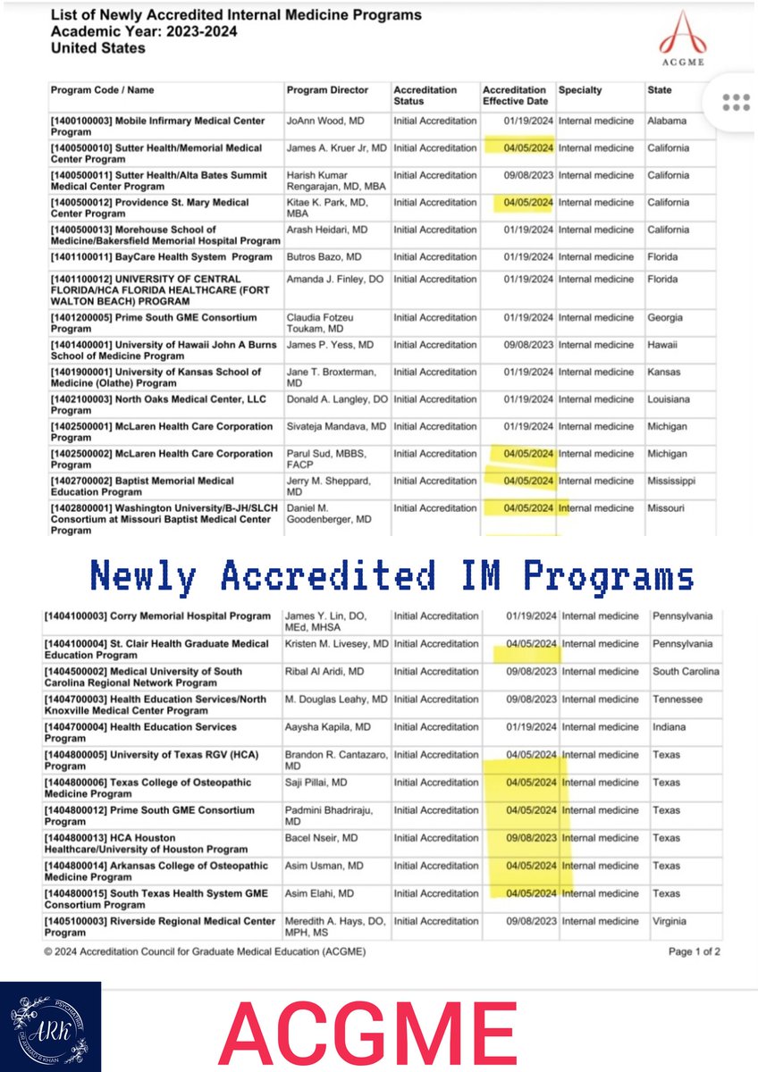 🚨Newly Accredited Programs🚨 ✨Latest @acgme Accreditation Meeting was held on 4/5/24 and the highlighted IM programs were approved. ✨Not sure whether they are seeking applications at this point or not but you can inquire by emailing. #Match2024 #NRMP #USMLE #Match2025…