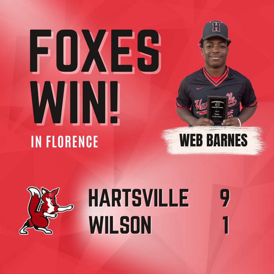 Foxes Win! Behind of the bat of Web Barnes (2 for 3 with 3 RBI) and the pitching of Luke Thompson (4 IP, 0 ER), the Red Foxes beat Wilson, 9-1. With the sweep of Wilson, the Red Foxes will head to North Myrtle Beach on Tuesday with a 13-4 overall record. Way to go, Foxes!