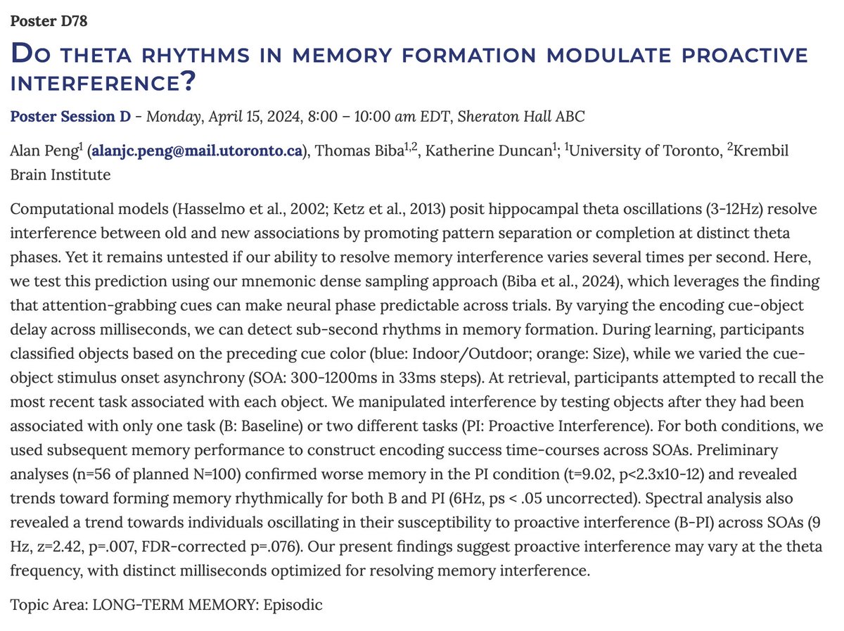 Excited to share that I will be co-presenting my undergraduate research project on memory theta oscillations with <a href="/ThomasBiba1/">Thomas Biba</a> at <a href="/CNSmtg/">CNS 2026 Annual Meeting</a> Monday 8am EDT. Come see us at poster session D78! 

Thank you to <a href="/duncanlabUofT/">Duncan Lab</a> for the opportunity!