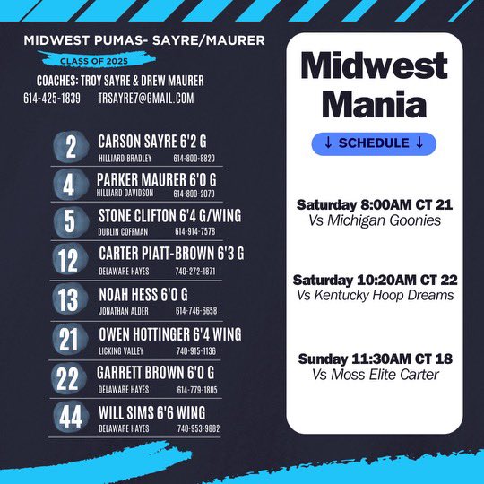 Midwest Basketball Club ‘25 - Sayre/Maurer (@midwestbb2025) on Twitter photo 👀Our roster & schedule for the <a href="/madehoops/">MADE Hoops</a> Midwest Mania 📍 this weekend. 🏀🔥 <a href="/MidwestDirector/">MWBC Gilliland</a> <a href="/mbcgrassroots/">Midwest Basketball Club - Grassroots</a> <a href="/BleacherProspec/">Bleacher Prospect</a> 👀Our roster & schedule for the <a href="/madehoops/">MADE Hoops</a> Midwest Mania 📍 this weekend. 🏀🔥 <a href="/MidwestDirector/">MWBC Gilliland</a> <a href="/mbcgrassroots/">Midwest Basketball Club - Grassroots</a> <a href="/BleacherProspec/">Bleacher Prospect</a>