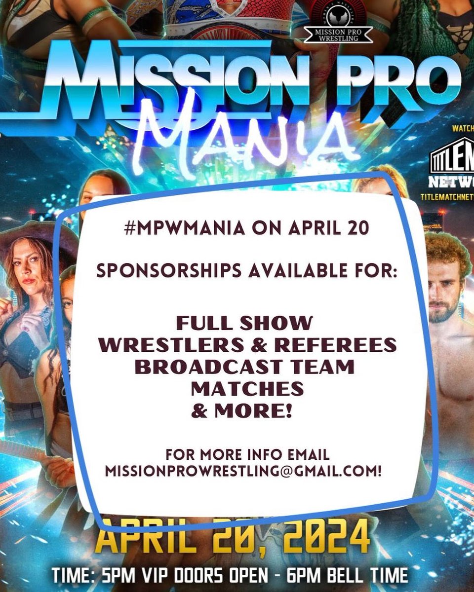 MissionProWres's tweet photo. We are eight days away from #MPWMania in #SanAntonio and tickets are moving fast. Reserve your seat!
🎫: https://t.co/Bieu5i7szO
📺: @TitleMatchWN
Sponsorship inquiries:
📧: missionprowrestling@gmail.com
#SmackDown #WomensWrestling #MissionPro #MissionProWrestling #MPW https://t.co/dQtTiUjRXv