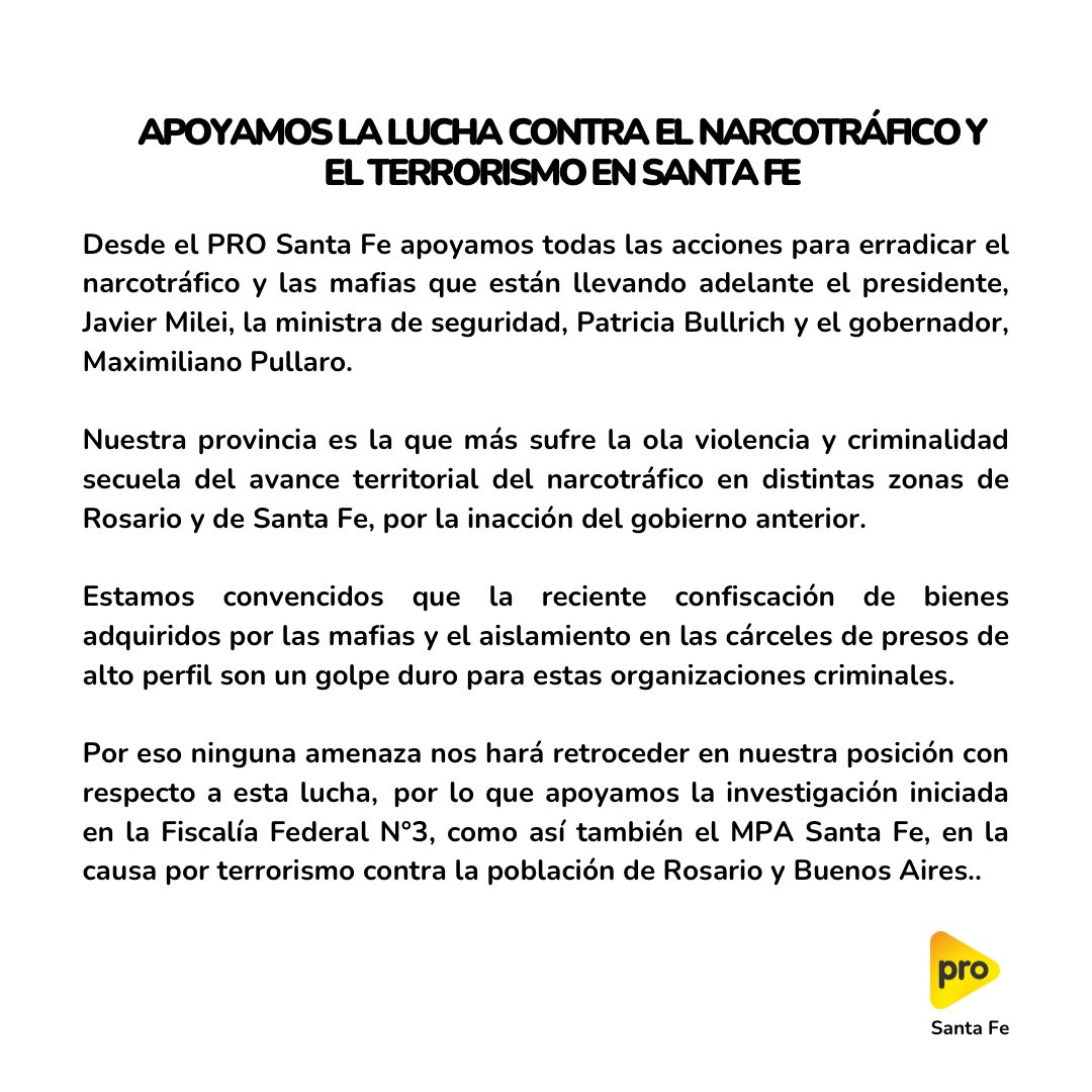 prosantafe_'s tweet photo. Desde el PRO Santa Fe apoyamos la lucha contra el narcotráfico y el terrorismo que están llevando adelante el presidente, @JMilei , la ministra de seguridad, @PatoBullrich y el gobernador, @maxipullaro . https://t.co/I41hz74Po7