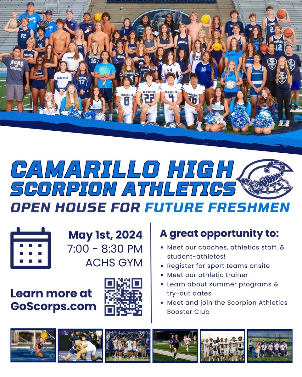 🦂 Attention Future Freshmen & Families! 🦂 Join us for our Camarillo HS Scorpion Athletics Open House 7-8:30pm on May 1st - ACHS Gym! This is a great opportunity to meet our coaches, athletics staff, & student-athletes & learn more about Cam sports! @vcspreps @TheAcornSports