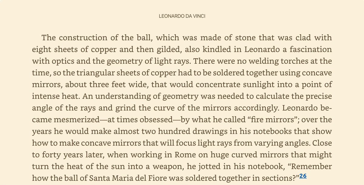 ID_AA_Carmack's tweet photo. I was aware of Archemedis’ mirror based death ray from antiquity (and the @MythBusters replication), but TIL that solar mirrors were commercially used in the 15th century for soldering. From @WalterIsaacson’s Leonardo: https://t.co/apbruG4ZBt
