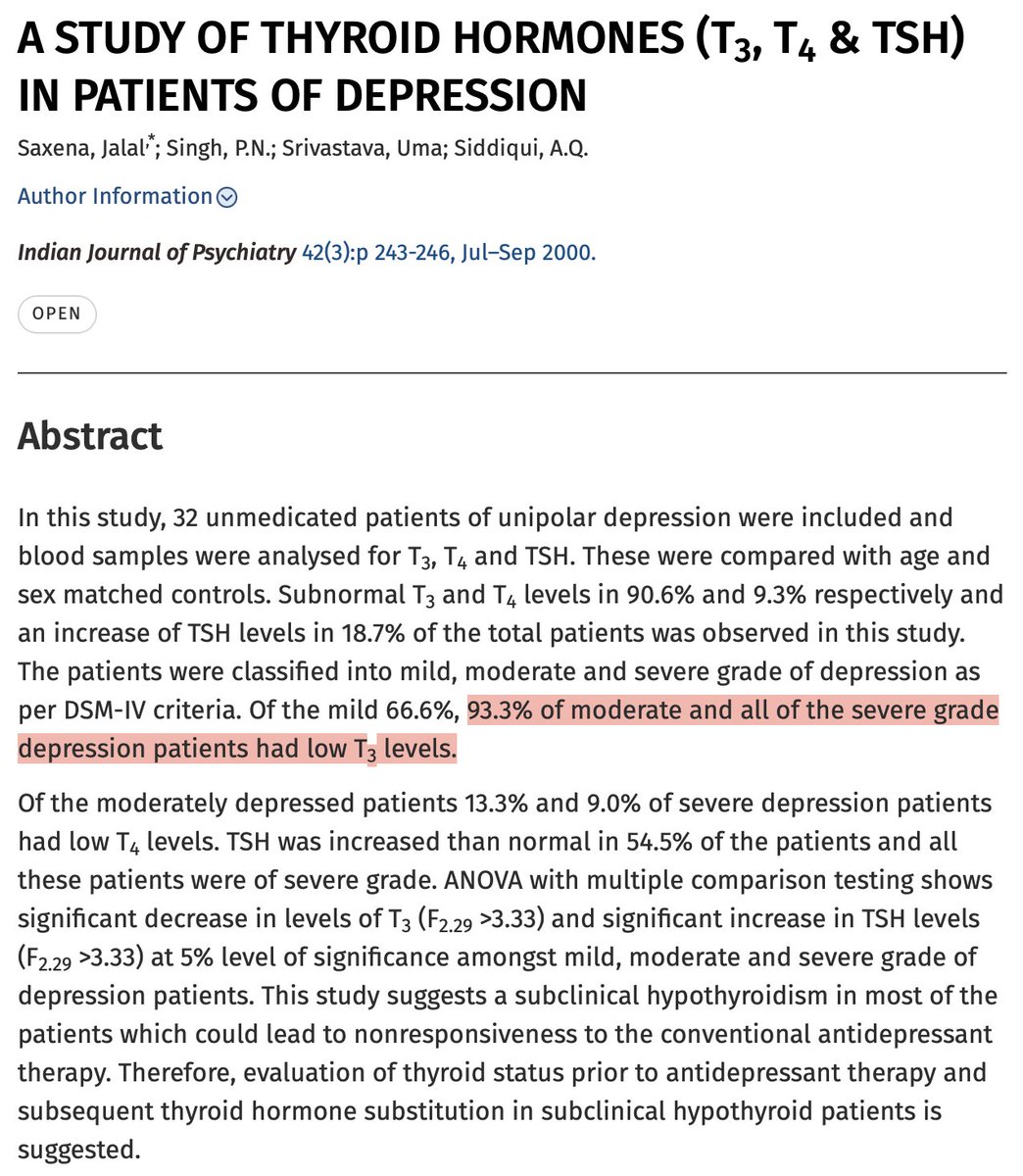 Why take SSRIs when you can just take thyroid

'93.3% of moderate and all of the severe grade depression patients had low T3 levels.'