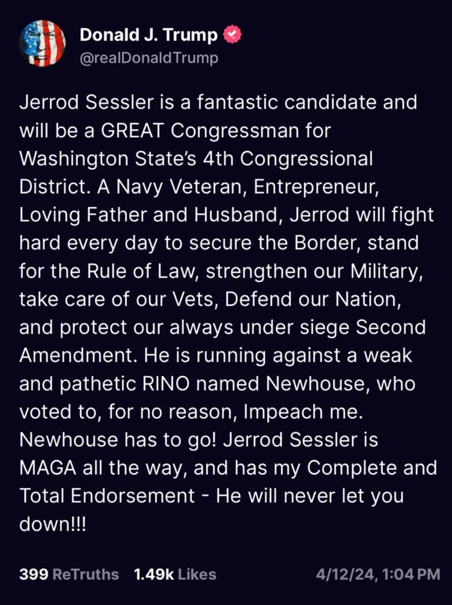 BREAKING NEWS! CONGRATS TO Jerrod @Sessler on earning President Trump's endorsement for Washington's 4th Congressional District!