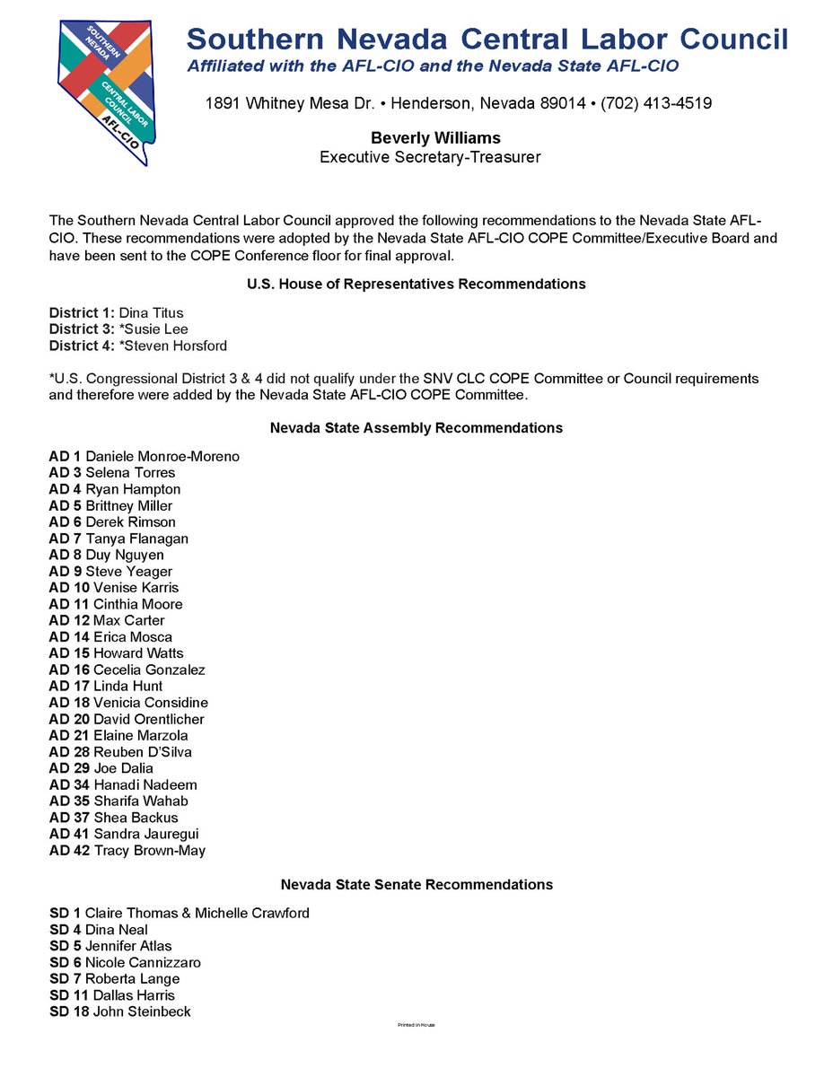 Today, the delegates of the Nevada State AFL-CIO convened at IBEW 357 union hall and voted to endorse the following candidates for the 2024 election cycle.