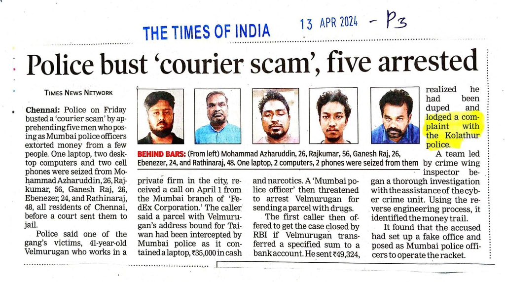 Beware of, “FEDEX COURIER-SCAM”. Offenders pose as police/ customs officials online and cheat/ trick people into transferring money into their accounts Meticulous investigation by kolathur police led to arrest of 5 accused so far & more to go @chennaipolice_ #GCP #TNPolice