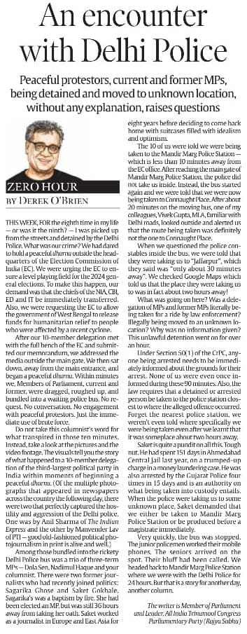 Just Published. My @IndianExpress column, Zero Hour AN ENCOUNTER WITH DELHI POLICE Peaceful protestors, current and former MPs, being detained and moved to unknown location, without any explanation, raises questions tinyurl.com/bdezkke3