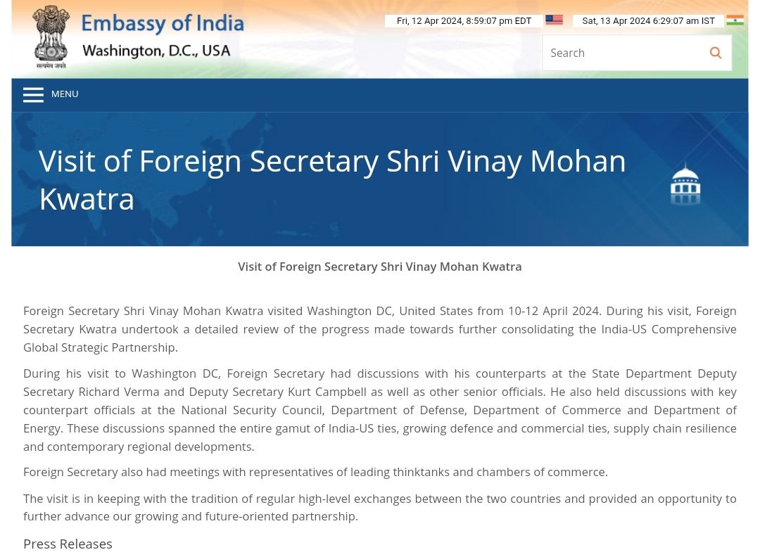 Indian Foreign secretary Vinay Mohan Kwatra in US. Meets State Department Deputy Secretary Richard Verma and Deputy Secretary Kurt Campbell