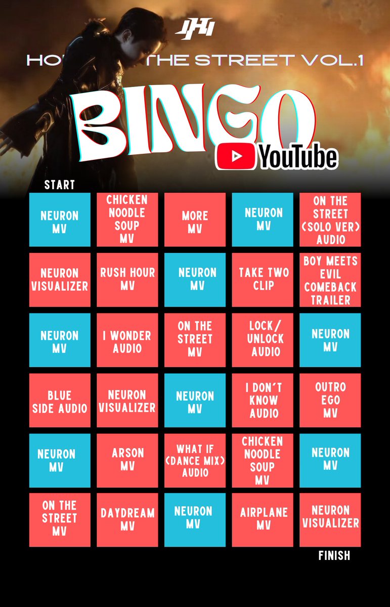 ‼️YOUTUBE BINGO CHALLENGE‼️ Dalam misi meningkatkan jumlah streaming pada MV Neuron, kami menyiapkan youtube bingo challenge yang dapat kalian selesaikan hari ini🕺 Tag mutual kalian dan jangan lupa share jika kalian sudah bingo!🥳 Let's get it!🔥 #HOPE_ON_THE_STREET #홉온스…