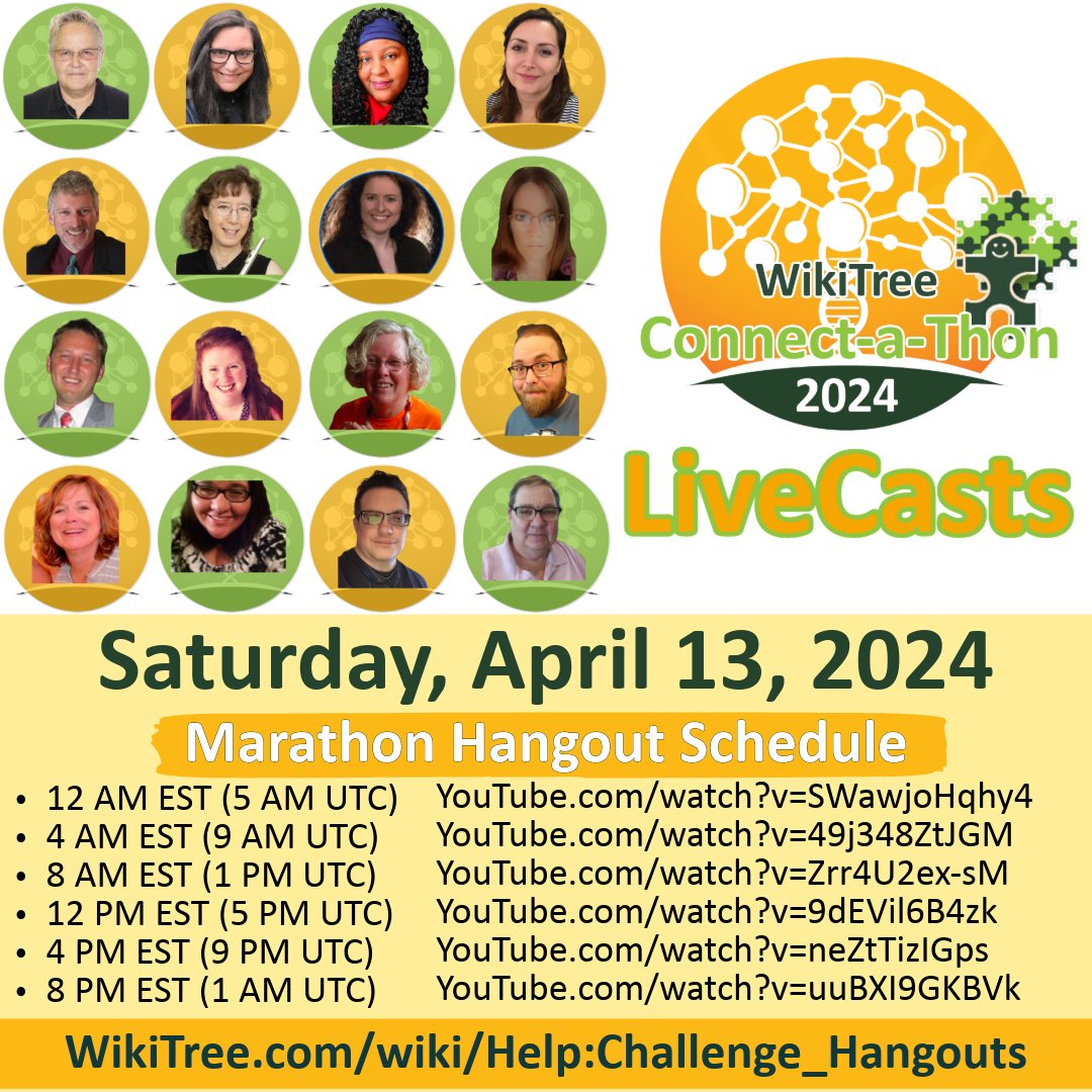 Join us live for the #April2024ConnectAThon LiveCasts! Here's the schedule for Saturday, April 13th wikitree.com/wiki/Help:Chal… #CollaborativeGenealogy