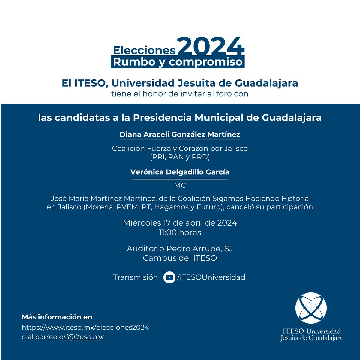 #Elecciones2024MX #ForosITESO Las candidatas a la Presidencia Municipal de Guadalajara, @VeroDelgadilloG y @Dianagoma, dialogarán con la #ComunidadITESO en torno a sus propuestas de campaña 🗳️ 🗓️ 17 de abril 🕙 11:00 hrs. 📍 Aud. Pedro Arrupe