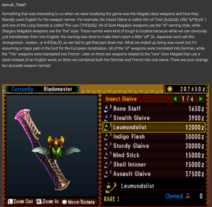 Gore and Shagaru Magala weapons were localised into german/french respectively happened because the original japanese names could not be directly translated into english without sounding unnatural. The Gore IG would have been 'Aim the Trick', for instance. So they used German!