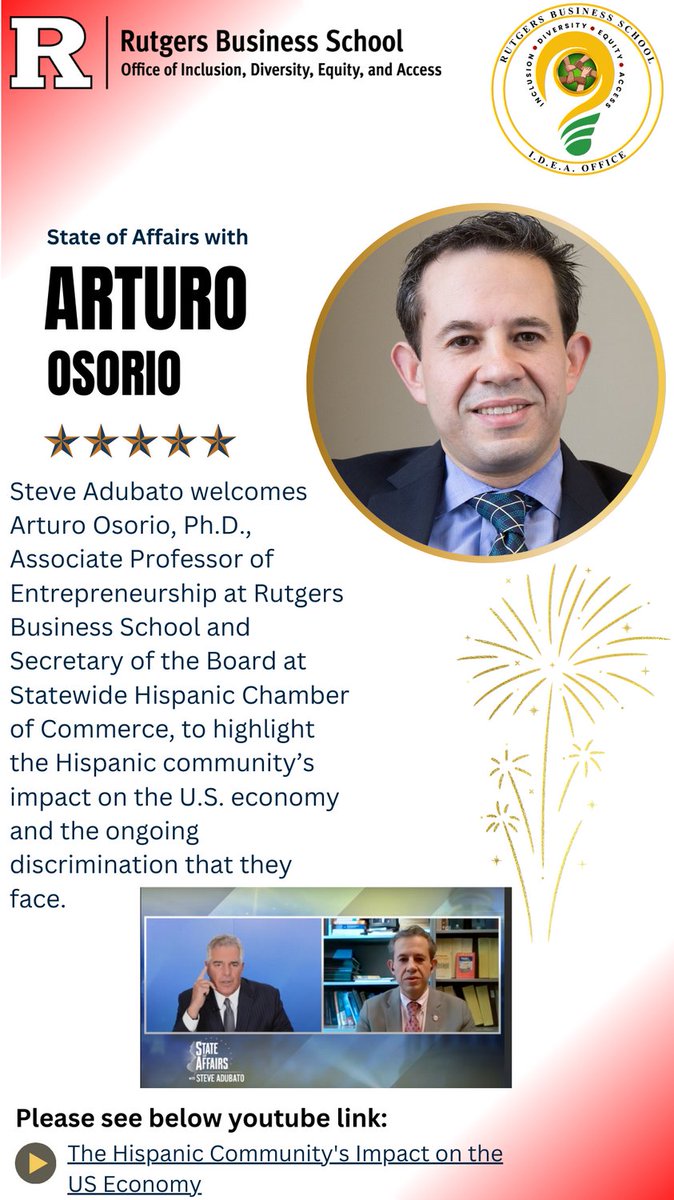 RBS_IDEA's tweet photo. #featurefriday
 This week we are highlighting Professor Arturo Osorio for his phenomenal interview with Steve Adubato on the Hispanic community's impact on the U.S. economy and the ongoing discrimination that they face. https://t.co/JcTx2AMTgF
