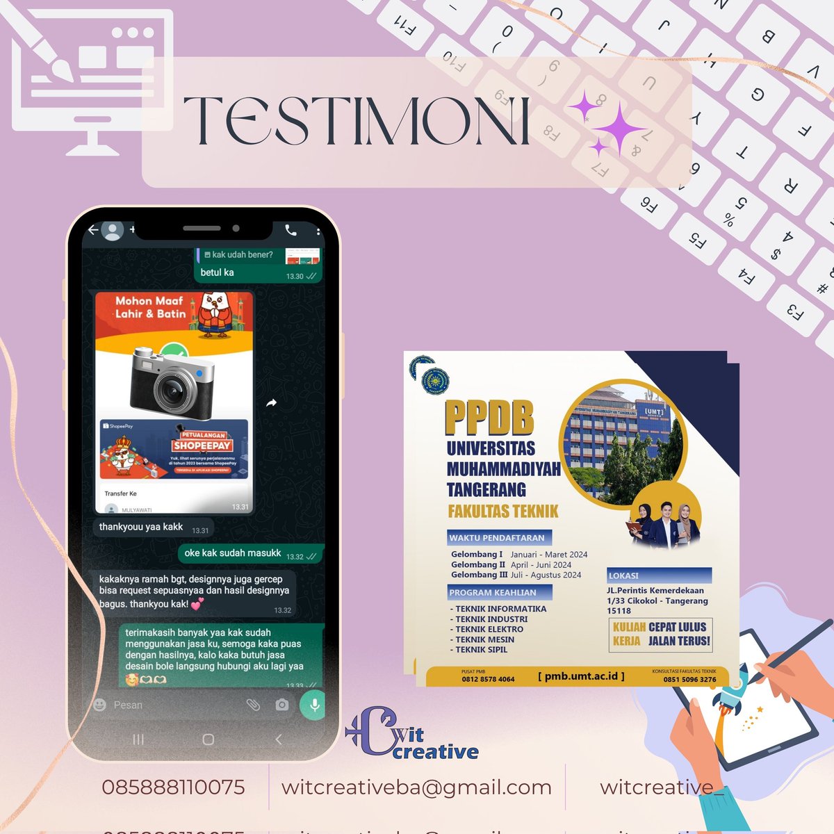 「 ✦  𝐓𝐞𝐬𝐭𝐢𝐦𝐨𝐧𝐢 𝐰𝐢𝐭𝐜𝐫𝐞𝐚𝐭𝐢𝐯𝐞 ✦ 」

108. Desain Flayer
___

Order klik link ⬇️
wa.link/klqis7
___

#Testimoni #wittesti