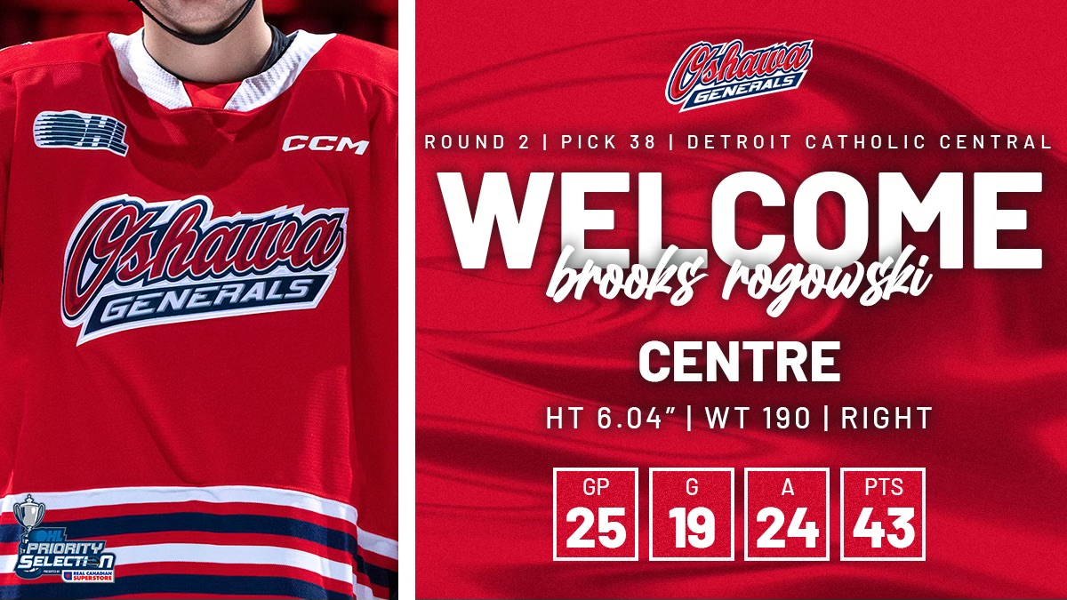 With the 38th overall pick in the 2024 Priority Selection, the Oshawa Generals are proud to select from Detroit Catholic Central, Brooks Rogowski. Welcome to #GensNation, Brooks! #FutureGENeration | #OHLDraft