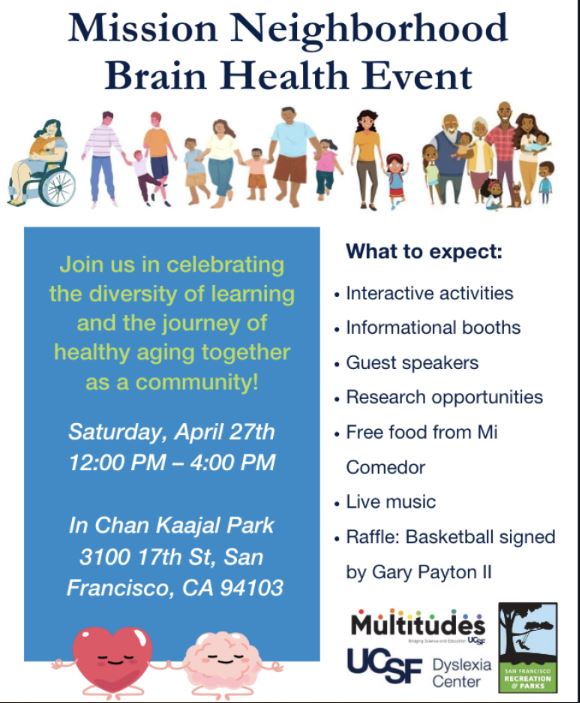 On April 27, our friends at the @UCSF Dyslexia Center and @RecParkSF will host the Mission Neighborhood Brain Health Event! Come out for fun family activities, and to hear from experts about brain health, learning, and overall wellness. Learn more here: dyslexia.ucsf.edu