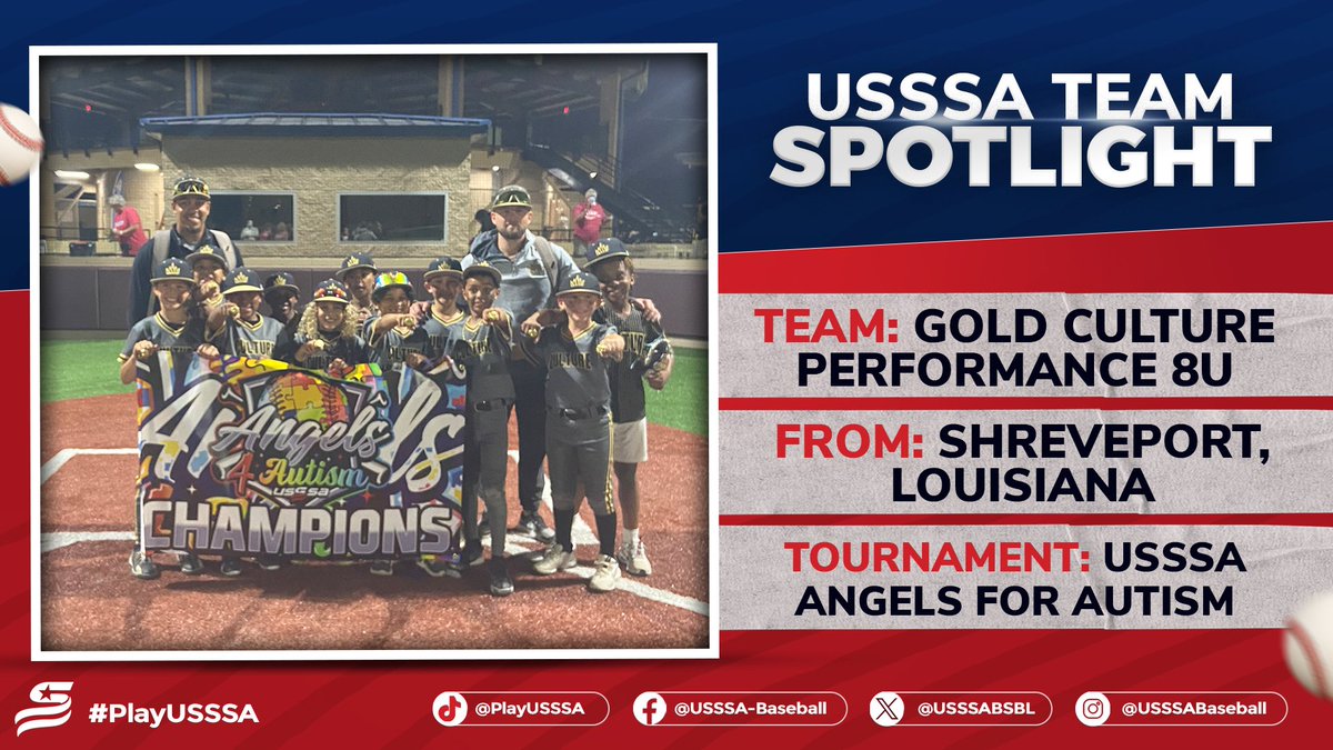 Congratulation to this week's ⭐️𝙐𝙎𝙎𝙎𝘼 𝙏𝙚𝙖𝙢 𝙎𝙥𝙤𝙩𝙡𝙞𝙜𝙝𝙩⭐️ ⭐️ Gold Culture Performance 8U and many other teams around Louisiana raised awareness during the USSSA Angels for Autism Super Regional Tournament 📎READ MORE: tinyurl.com/2jzzc8vb #USSSATeamSpotlight