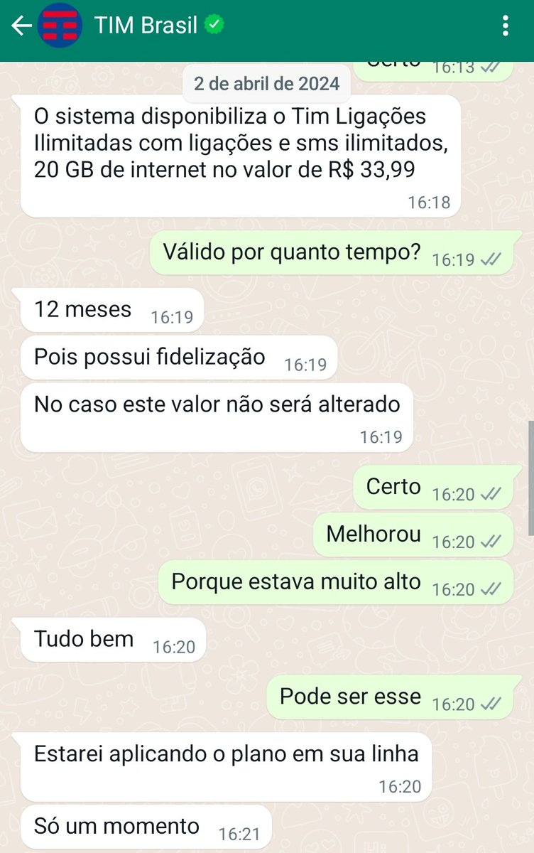 Poliiluz's tweet photo. @TIMBrasil 
Fechei um plano em que a atendente informou: O sistema disponibiliza o Tim Ligações Ilimitadas com ligações e sms ilimitados, 20 GB de internet no valor de R$ 33,99.Válido por 12 meses.Agora estou recebendo uma cobrança de 68,24. Um valor absurdo! #timbr #timbrasil https://t.co/JReYNymiCX