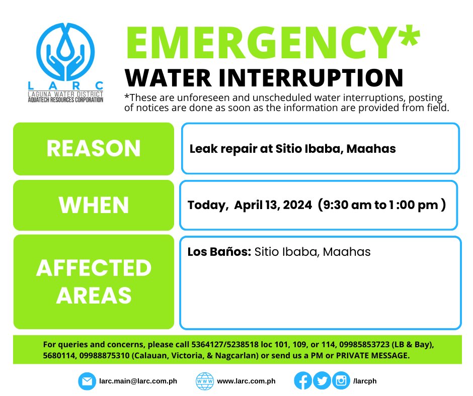 LARCph's tweet photo. Please be advised of the EMERGENCY water interruption. Low water pressure to no water supply may be experienced.  Please check this post from time to time for updates.
#LARCph https://t.co/1K0fVm2a0u