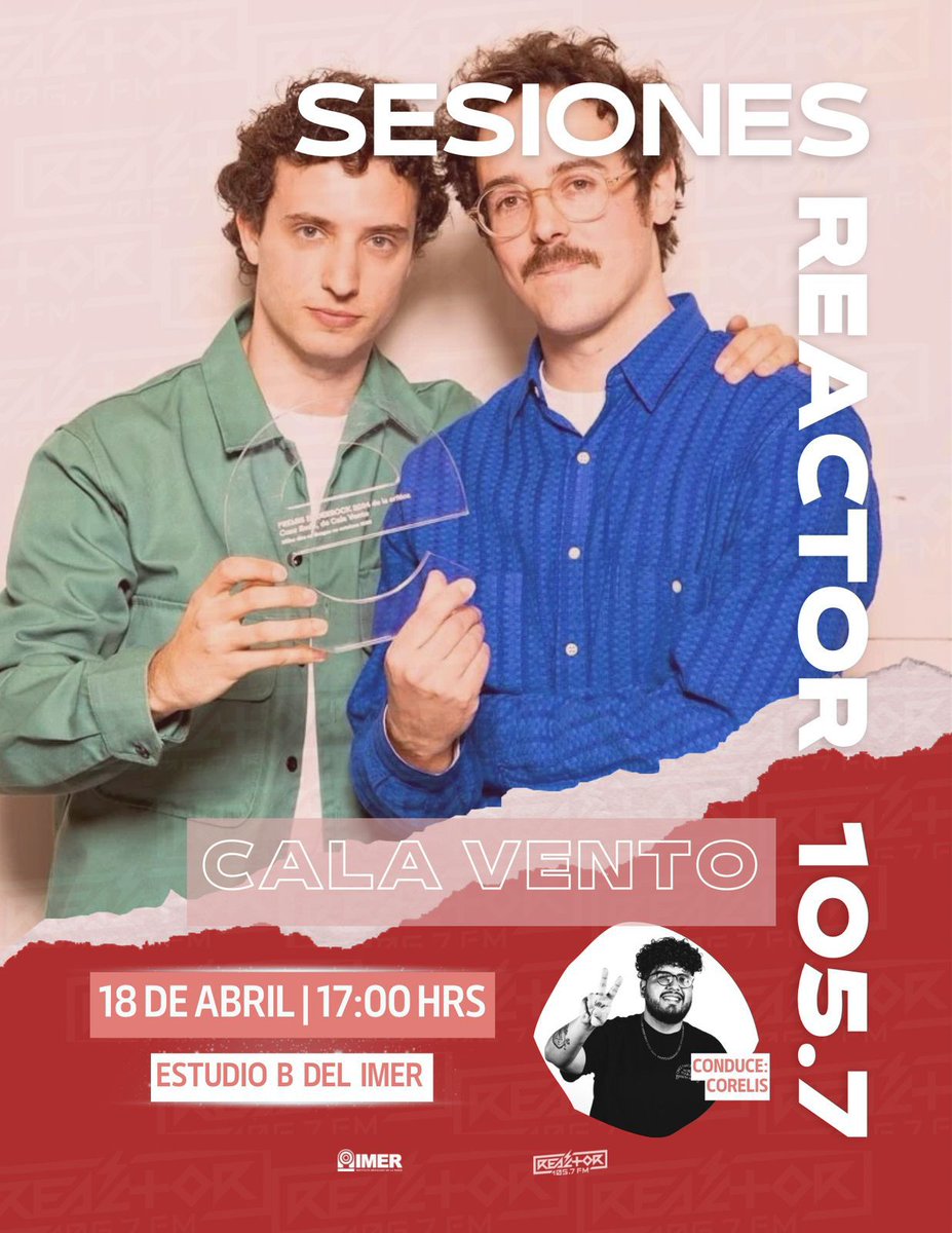 Y no paramos en cuanto a las #Sesiones105. Y es que este próximo jueves 18 de abril tendremos a @CalaVento en vivo desde el estudio B del @imerhoy ¿Quieres asistir? Estate atento a nuestros turnos en vivo y redes sociales para ganar tus accesos 🇪🇸🎵