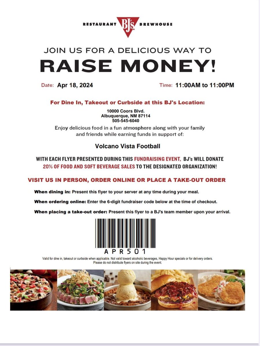 Hawk Nation! Spread the word. Take your family out to eat @ Bj's 4/18/24. Please see flyer below & present to Bj's. Share on all your social media sites! 20% off sales goes, to Hawks Football team. #Gata 🤍🖤🏈💣