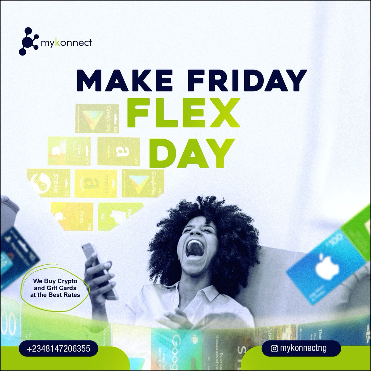 Your #TGIF doesn’t have to be audio flex - trade your crypto and giftcards and get cash to fund your needs!
DM us or visit our website to get ahead of the weekend. 
#MyKonnect #MyKonnectNG
#Crypto #Cryptocurrency #GiftCards 
#OnlineTrading #Trading #DayTrading #Deals