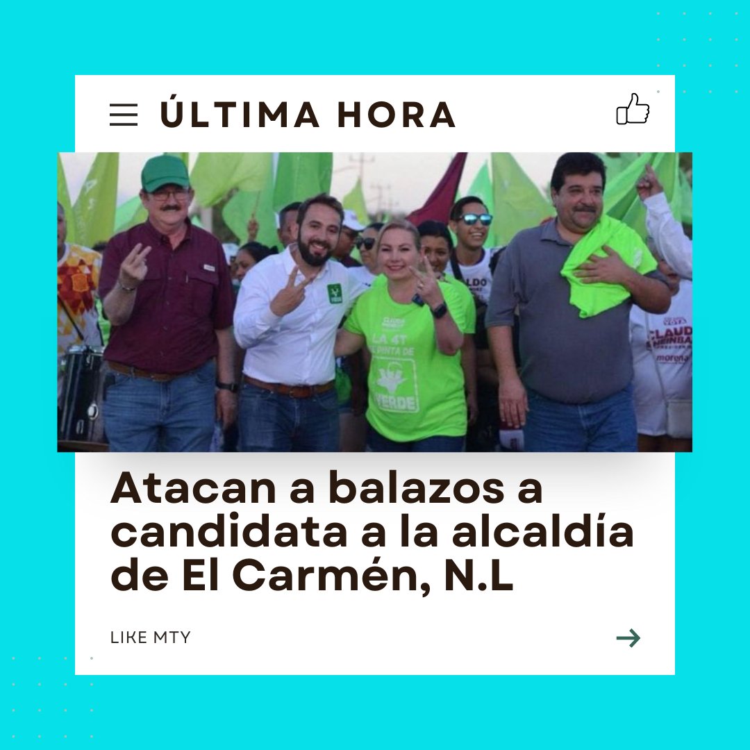 #AtaqueArmado en El Carmen, NL: Candidata del Partido Verde es atacada a #balazos junto a su fotógrafo mientras iniciaba su campaña. El camarógrafo resulta herido al protegerla. @MtyFollow @MtyFollowMx @AlertaChiapas @AlertaMtyNL @AlertaNews24 @alertarojanot @AlertaRojaMex