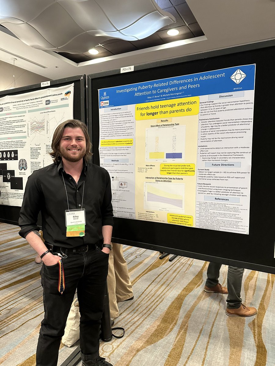@DSECLab MSc student @RileyJTBonar shared his work on teen attentional biases today at #SANS2024! Teens look longer at friends’ vs. parents’ faces in a dot-probe task—no matter the emotion they are expressing. We’re still chasing this down but these are intriguing early findings!