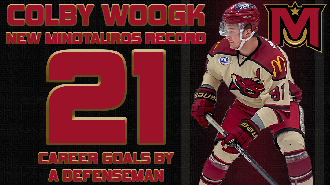 MinotauroHockey's tweet photo. Congrats to Colby Woogk on becoming the Tauros all-time leader with 21 goals by a defenseman! He passed Tauro Alum Jon Lizotte with a goal in the second period tonight! #ChargeAhead https://t.co/6j90zrF00w