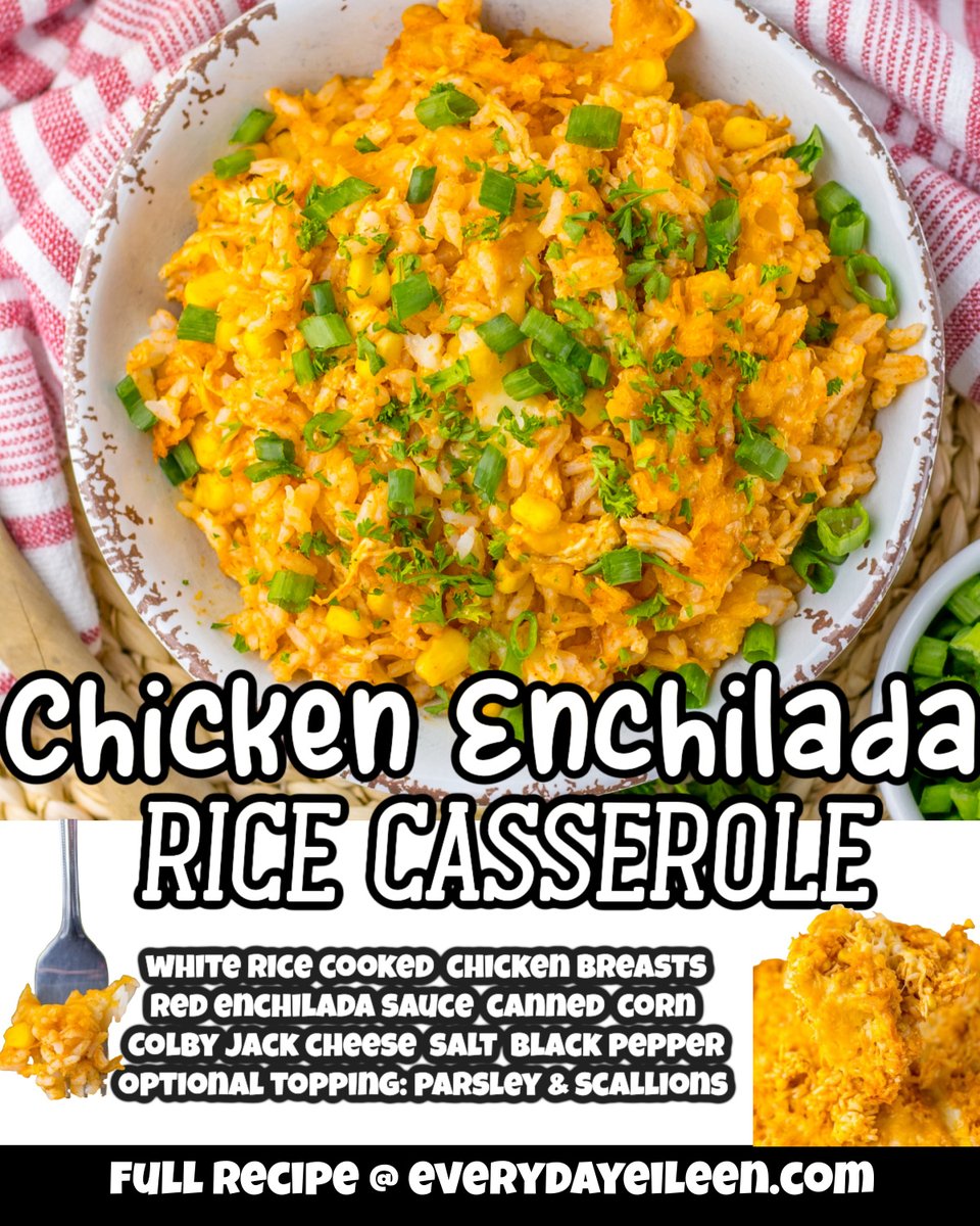 Chicken Enchilada Rice Casserole, an easy meal that's hearty and flavorful. Chicken is perfectly paired with rice and cheese in an enchilada sauce. An easy Mexican casserole the whole family will enjoy. #recipe #casserole #chickenenchiladacasserole everydayeileen.com/chicken-enchil…