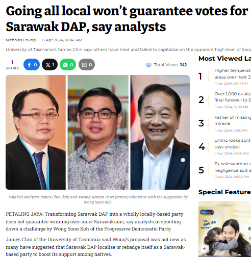 PETALING JAYA: Transforming Sarawak DAP into a wholly locally-based party does not guarantee winning over more Sarawakians, say analysts in shooting down a challenge by Wong Soon Koh of the Progressive Democratic Party. James Chin said Wong’s proposal was not new as many have…