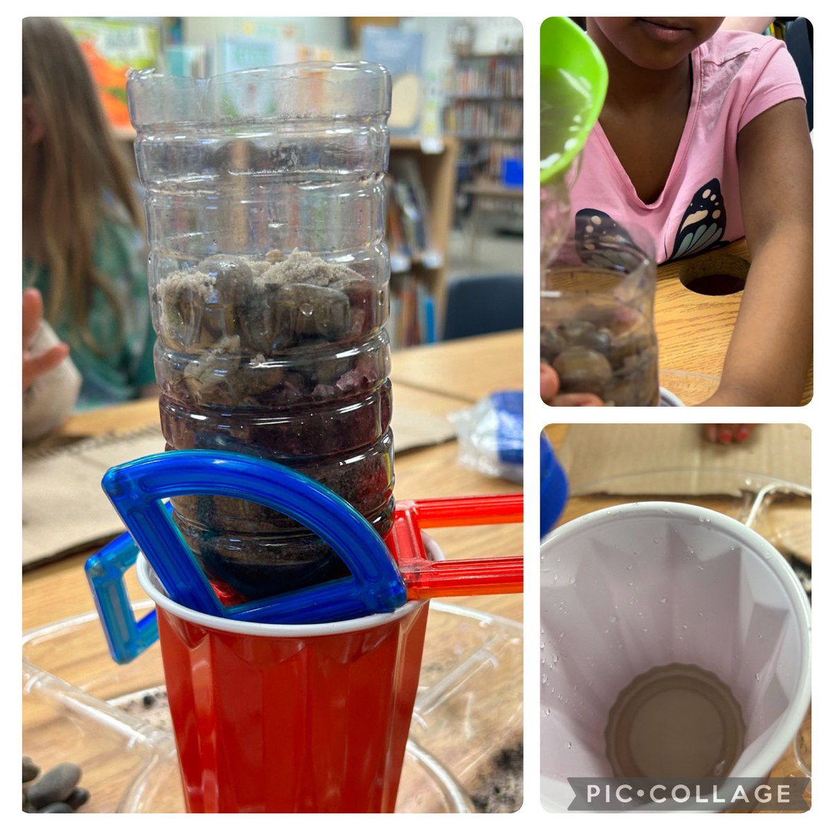 Water systems & STEM with grade 2s in the library. How can we create a water filter for puddle water? How can we stabilize it so we don’t have to hold it? “Let’s run it through the filter 2x Ms De Melo to see if it becomes cleaner!” #SchoolLibraryJoy @npersaudLC4