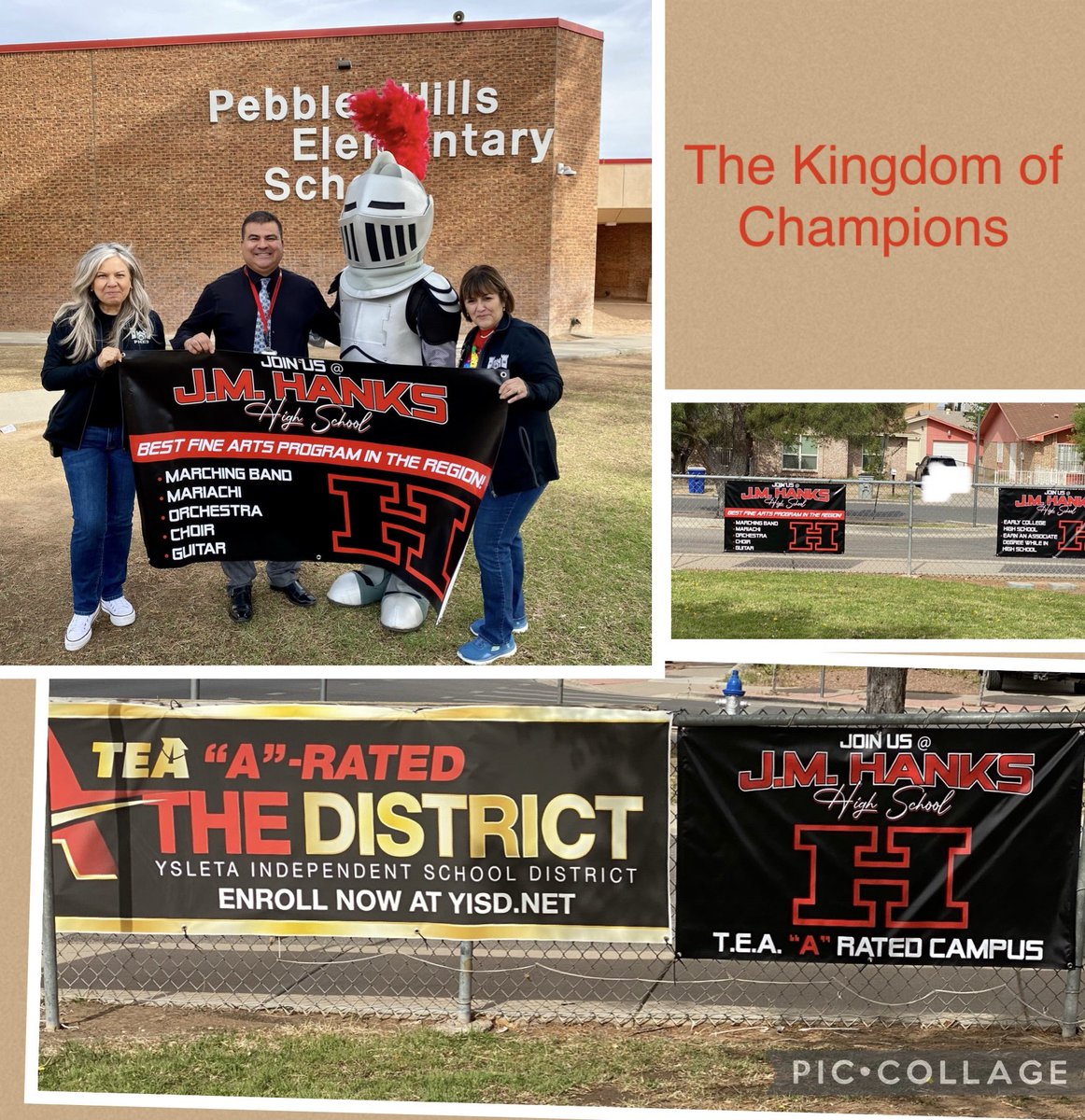 Proudly displaying our new banners @PebbleHillsES @YsletaISD from @RCadena2001LTD @JMHanksHigh 🏰#WeAreHanks 🛡️🆙💥