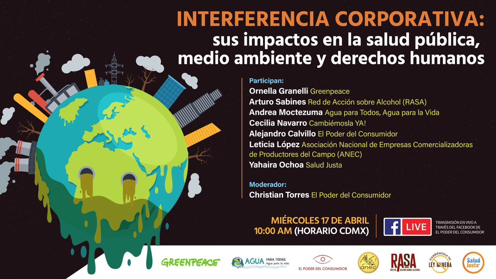 ¡Aparta la fecha! 📢 Te invitamos a la conferencia sobre los impactos de la interferencia corporativa en la salud, el medio ambiente y los derechos humanos, con @greenpeacemx @elpoderdelc @AguaParaTodxsMX @cambiemosla_ya @ANECMEXICO @SaludJustaMx y la Red de Acción sobre…