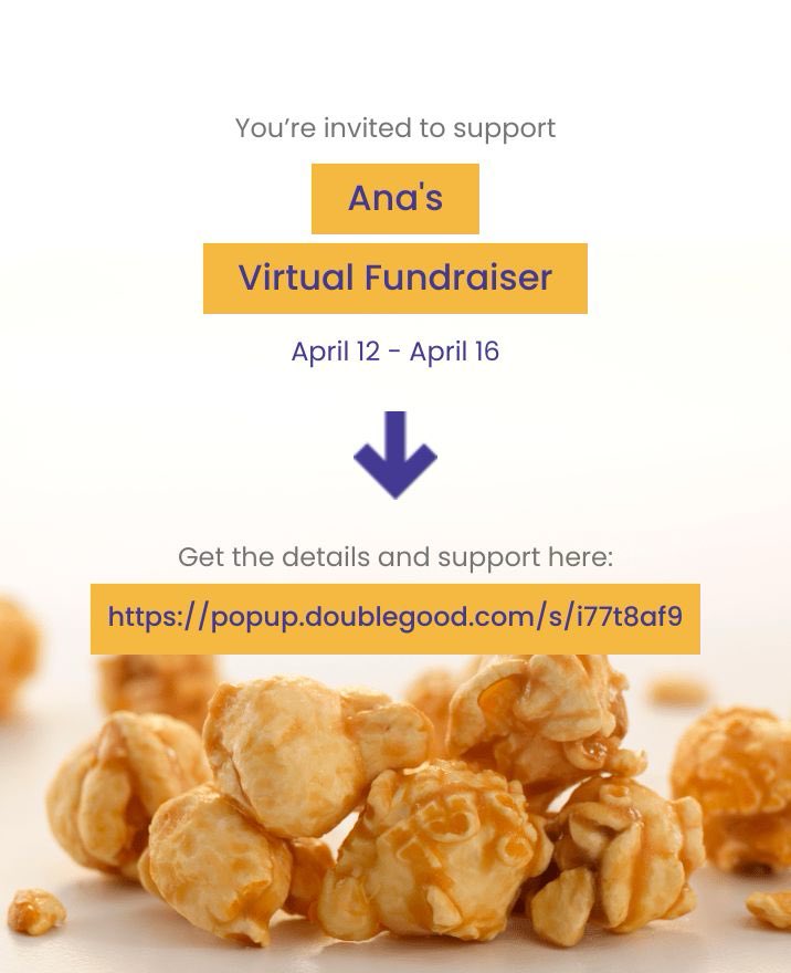 Hola! I’m doing a virtual fundraiser selling Double Good ultra-premium popcorn for 4 days from Friday, Apr 12 - Tuesday, Apr 16. 🍿💕Get all the details and support here: popup.doublegood.com/s/i77t8af9