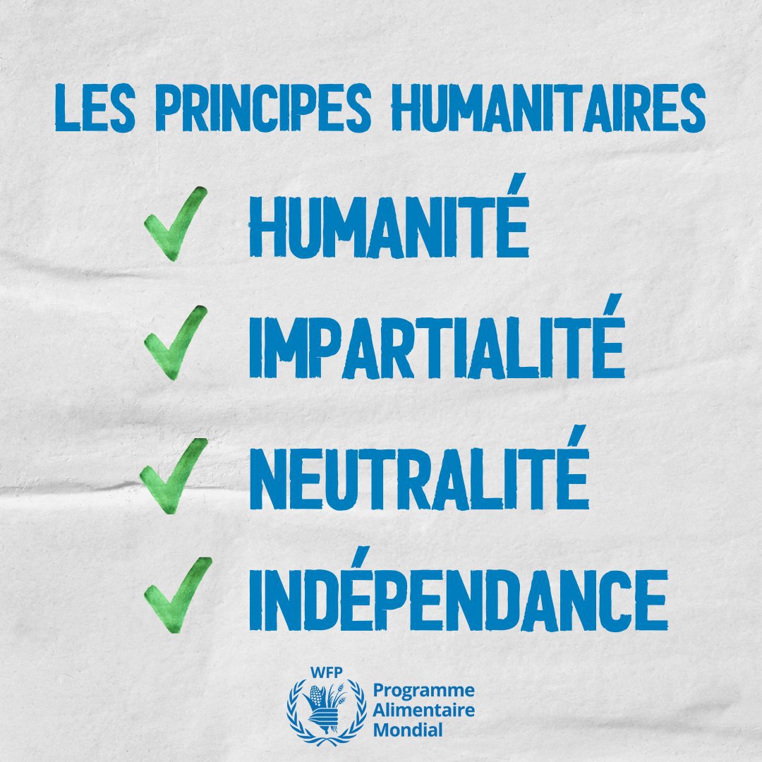 🔹Humanité 🔹Neutralité 🔹Impartialité 🔹Indépendance L'ONU reste fermement attachée à ces quatre principes humanitaires lorsqu'elle fournit une aide vitale aux personnes dans le besoin. via le @WFP_FR