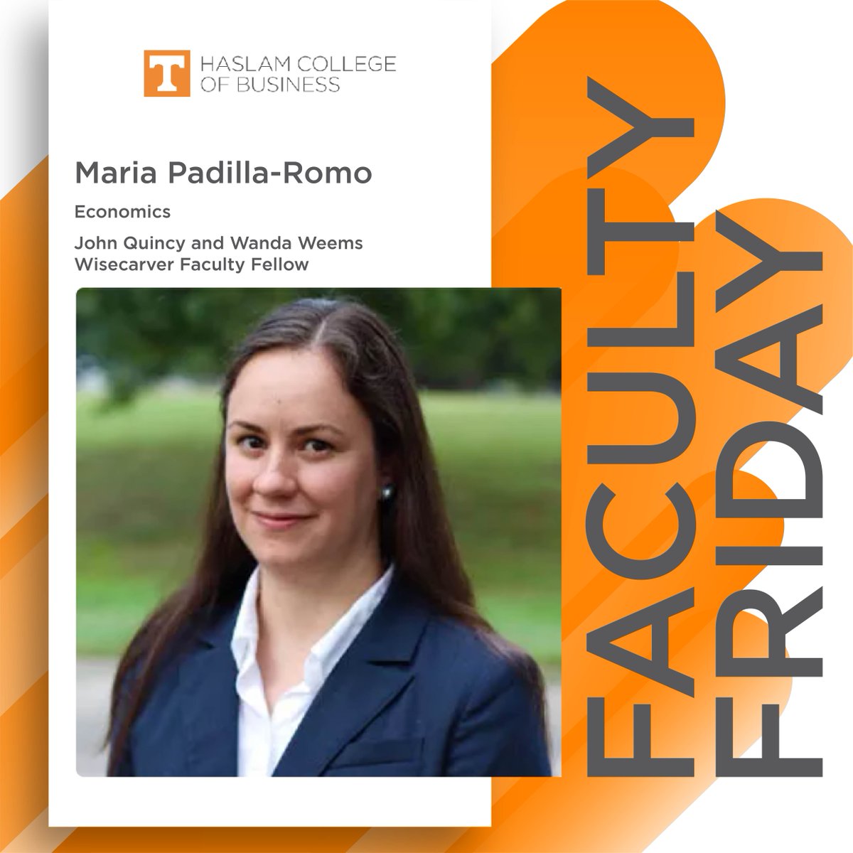 This #FacultyFriday, we're highlighting Maria Padilla-Romo. Padilla-Romo is an Assistant Professor of Economics and a Haslam Family Faculty Research Fellow. #UTKnoxville