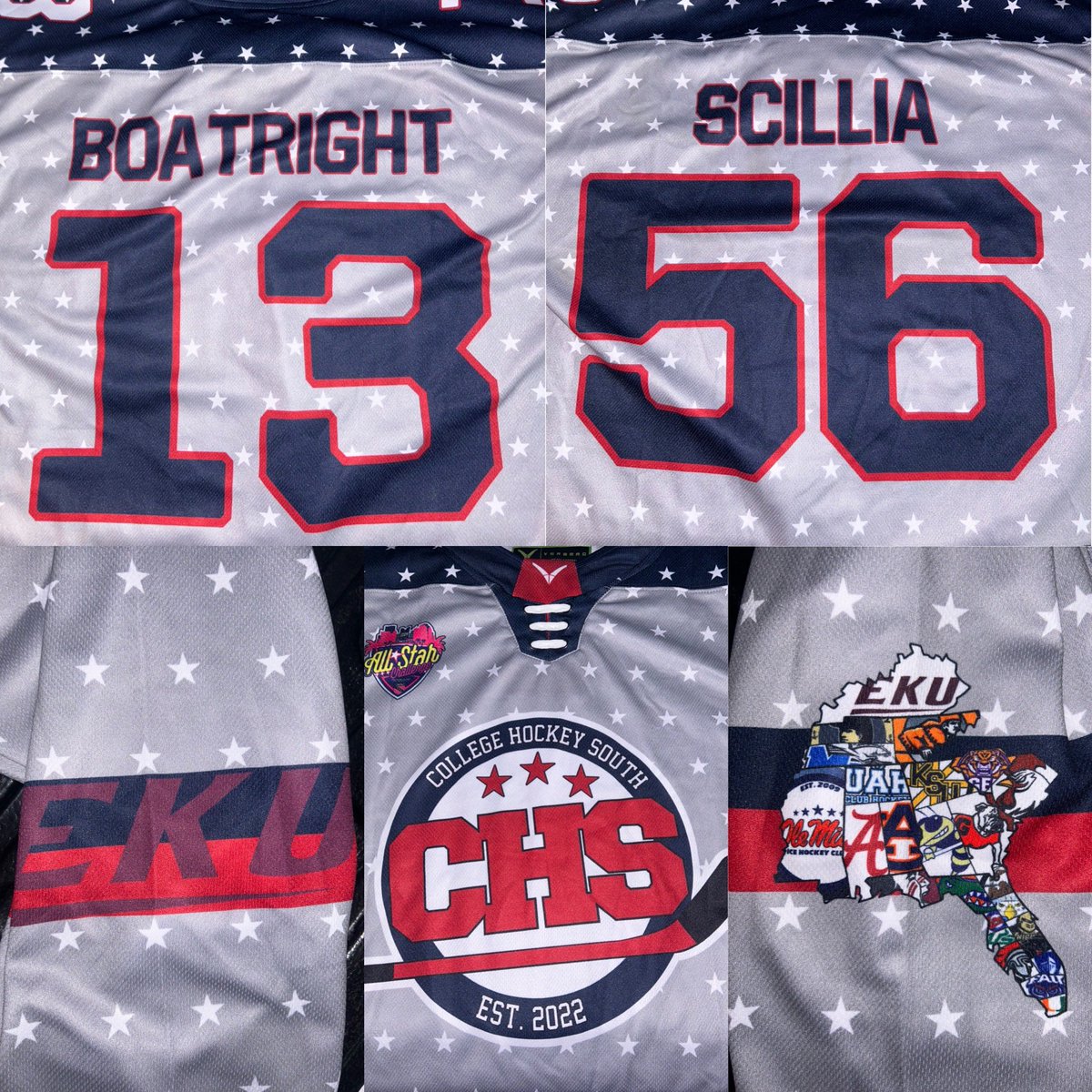EKUhockey's tweet photo. @CollegeHkySouth bringing the heat this weekend with custom CHS EKU All-Star Jerseys 🔥🌴 @AAUCollegeHoc @EKUCampusRec @EKUBarstool #EKUHockey #RollKerns #CollegeHkySouth #GoBigE
#EasternKentuckyUniversity https://t.co/r8QG9OFIgW